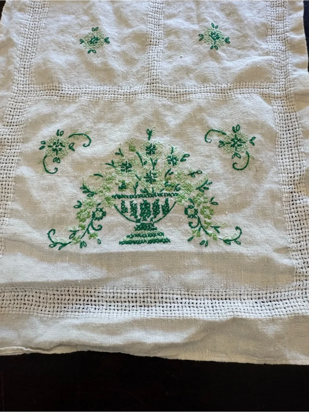 Embroidered Linen Table Runner with Green Floral Urn Design